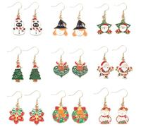 9 Pairs Christmas Gifts Earrings for Women - Tree, Santa, Wreath, Jingle Bell, Snowman Dangle Jewelry, Zinc, No Gemstone