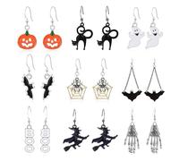 9 Pairs Halloween Dangle Earring Set Pumpkin/Cat/Witch/Ghost/Bat/Skull/Spider Web Earrings for Women Halloween Theme Jewelry, Metal, No Gemstone