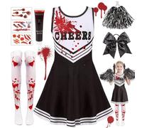 9 PCS 130 Yards Cheerleader Halloween Costume Kids,Zombie Costume Festival Cheerleader Costume Women Zombie Fancy Dress Outfit for Girls,Girls with Fake Blood for Parties and Knee Length Tube Socks