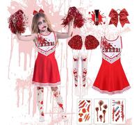 9 PCS 130 Yards Zombie Cheerleader Costume - Creepy Doll Fancy Dress Outfit for Girls and Women - Uniform With Dress