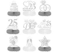 9 Pcs 25th Anniversary Decorations, Silver Wedding Table Decor, Honeycomb Centerpieces Table Toppers, Party Supplies Honeycomb Display Stand Accessories