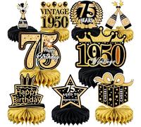 9 Pcs 75th Birthday Decoration 75 Birthday Party Decorations for Men Women 75 Years Birthday Tables Decorations Cheers to 1950 Centerpieces Honeycomb Black and Gold 75th Birthday Party Favors