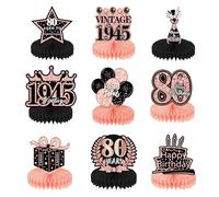 9 Pcs 80th Happy Birthday Centerpieces Rose Black Gold Birthday Honeycomb Table Centerpieces Cheers to 80th Honeycomb Table Topper for Men Women 1945 Birthday Party Decoration Supplies (80th)