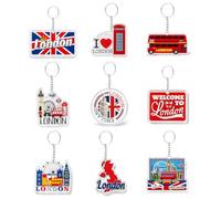 9 Pcs Acrylic London Keychain Set, Union Jack Souvenir Keyring Gift | British Themed Keychains with Crown and Chain, London Souvenirs Gifts for Family