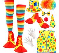 9 Pcs Adult Clown Costume Set Clown Vest Nose White Gloves and Shoes Hat Bow Tie for Women Men Halloween Cosplay Pretend Play Party
