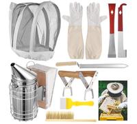 9 Pcs Beekeeping Starter Kit, Essential Bee Smoker Kit with Hat, Gloves, Hive Hooks, Brush, Uncapping Fork, Uncapping knife, and Frame Grip, Bee Keeping Tools and Supplies for Beginners