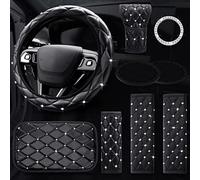 9 Pcs Bling Car Accessories Set for Women, Diamond Steering Wheel Cover, Rhinestone Center Console Pad Seat Safety Belt Pad Handbrake Cover Gear Shift Stick Protector Car Emblem Ring(Black)
