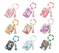 9 Pcs Boho Beaded Wallet Keychain Set, Floral Print Wristlet with Silicone Beads, Multi-Color Card Holder Keychain for WomenHome Decor