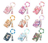9 Pcs Boho Beaded Wallet Keychain Set, Floral Print Wristlet with Silicone Beads, Multi-Color Card Holder Keychain for Women