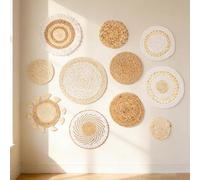 9 Pcs Boho Wall Basket Set, Rattan Flower Wall Decor, Walls Hanging Wicker Basket Rattan Walls Decor Round for Living Room Bedroom Dining Room Office