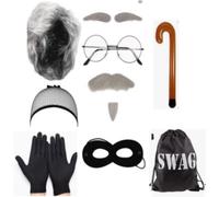 9 Pcs Burglar Grandpa Costume Set for Adult Kids, Bank Robber Costume Kit with Wig, Hairnet, Eye Mask, Gloves, Swag Bags, Inflatable Crutch, Gangster Grandpa Set for Halloween, World Book Day