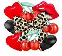 9 Pcs Cheetah Cherry Balloon Set 38” Leopard Bow, Cherry, Red Lips, Red & Black Heart Balloons for Bachelorette Party, Girls Night, Kiss the Miss Goodbye, Cheetah Print Birthday Celebrations