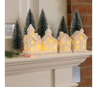 9 Pcs Christmas Village Figurines Sets - 4 Lighted Ceramic Houses with Remote Control & 5 Trees - Christmas Decorations Indoor - White Xmas Holiday Farmhouse Rustic Decor for Home Table Room