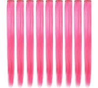 9 Pcs Colored Hair Extensions 21" Heat-Resistant Synthetic Straight Hair Extensions Clip in Multicolors Hairpieces Halloween Cosplay Party Highlight Hair Accessories for Girls Kids (Pink)