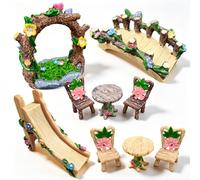 9 Pcs Fairy Garden Accessories, Miniature Garden Kit Landscape Decorations Table and Chairs Set Fairy Garden Furniture Ornaments Bridge Flower Slide Figurine for Dollhouse Terrarium Potted Plants