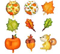 9 Pcs Fall Themed Balloons, Thanksgiving Foil Balloons, Squirrel Acorns Maple Leave Pumpkin Autumn Foil Balloon for Christmas Thanksgiving Halloween Party Birthday Unique Hawaii Decorations