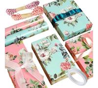 9 PCS Floral Gift Wrapping Paper, with Gold Thread Raffia Paper Rope, Double-Sided Tape for Women Girls Gift Wrap for Mother‘S Day Birthday Anniversary Wedding( Pink and Green)