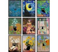 9 Pcs Funny Black Cat Wall Art Poster Prints Vintage Sunflower Canvas Artwork Pictures Gift Cute Room Decor Eclectic Aesthetic Floral Monet Van Gogh for Living Bathroom Bedroom Decorate Unframed