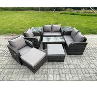 Fimous 9 PCS Garden Furniture set Rattan Outdoor Lounge Sofa Table Chair With Tempered Glass Table Dark Grey Mixed