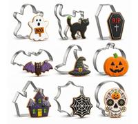 9 Pcs Halloween Cookie Cutters Set, Stainless Steel Halloween Cookie Cutter Shapes with Ghost Cat Tombstone Bat Witch Hat Pumpkin Haunted House Spider Web Skull for Cookies Fondant Sandwiches