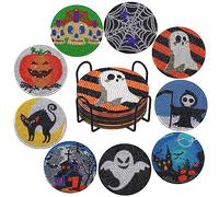 9 Pcs Halloween Diamond DIY Paintings Coasters Kits,Diamond Art Coasters,Skull Ghost Pumpkin Coasters Diamond DIY Painting Kits with Holder for Adults Kids Beginners,Art Craft Supplies,Non-Slip Base