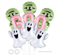 9 Pcs Halloween Ghost Mylar Balloons, Large Mummy Aluminum Balloon, Halloween Pink BOO Foil Balloons for Birthday Baby Shower Party Decorations Supplies
