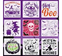 9 Pcs Halloween Stencils Set, 20cm/7.87 Inch Halloween Party Stencils, Reusable Templates for Pumpkin, Ghosts, Skull, Witch & Trick or Treat DIY Crafts and Wall Art