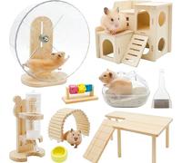 9 Pcs Hamster Cage Accessories, Silent Hamster Wheel, Wooden House and Platform, Wooden Fence, Water Bottle Set, Ceramic Food Bowl, Bath Sand Container, Mini Cleaner for Rat Mice Small Animals Habitat