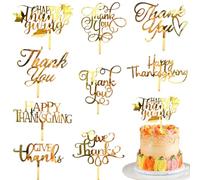 9 Pcs Happy Thanksgiving Cake Topper Fall Gold Acrylic Maple Leaf Cupcake Topper Picks Thank You Letter Cake Topper for Thanksgiving Day Autumn Theme Party Cake Desserts Decoration Supplies
