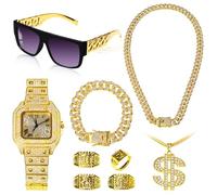9 Pcs Hip Hop Jewelry Set Dollar Sign Pendant Necklace Bracelet Diamond Watch Punk Sunglasses Rings, 80s 90s Rapper Accessories, Cosplay Club Old School Themed Party Supplies for Men Women