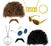 9 PCS Hippie 70s Wig Set, Disco Hippie Costume 60s Retro Fancy Dress, Afro Hippy Wig, Disco Funky Sunglasses, Necklace, Fake Mustache, Hippy Fancy Dress Mens Accessories for 80s Theme Party Halloween