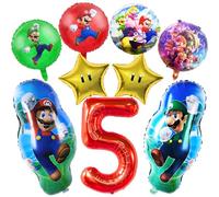 9 PCS Ma-rio Foil Balloons, 5th Birthday Party Decorations, Super Ma-rio Theme Include Number 5 Foil, Star and Round Balloons for Kids