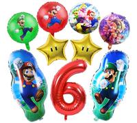 9 PCS Ma-rio Foil Balloons, 6th Birthday Party Decorations, Super Ma-rio Theme Include Number 6 Foil, Star and Round Balloons for Kids