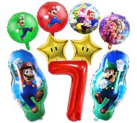 9 PCS Ma-rio Foil Balloons, 7th Birthday Party Decorations, Super Ma-rio Theme Include Number 7 Foil, Star and Round Balloons for Kids