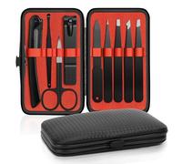 9 PCS Nail Kit Manicure Set - Professional Stainless Steel Nail Care Kit with Dead Skin Fork - Sturdy and Durable Black Red Grooming Manicure Set for Thick Nails Men Women Gift Travel Personal Care