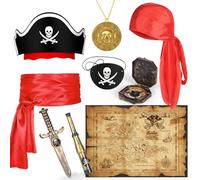 9 PCS Pirate Accessories Set, Pirate Costume Accessories With Hat, Head Scarf, Sash, Belt, Eye Patches, Swords, Map, Necklace for Halloween Party Favors Supplies Toys