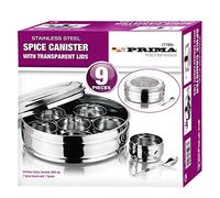9 Pcs PRIMA Stainless Steel Spice Box | Masala & Dressing Dispenser Canister | Indian & Pakistani Traditional Dabba Jars | Transparent Lid 20cm Home Kitchen Restaurant Storage Organiser UK FREE P&P