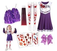 9 Pcs Purple Zombie Cheerleader Costume Kids Kit, Cheerleader Outfit Kids Zombie Costume, Halloween Costumes for KIDs, Girls Halloween Costumes 7-12 Fancy Dress Out for Girls for Terror Theme Party