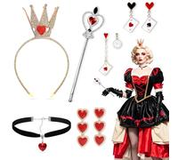 9 PCS Red Heart Queen Costume Set with Wand Headband Choker Necklace Earrings for Girls and Women - Cosplay Carnivals World Book Day Dress Up Accessories