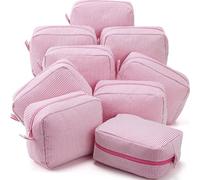 9 Pcs Seersucker Cosmetic Bag Bulk Pinstripe Makeup Bag for Women Aesthetic Cute Travel Toiletry Organizer Preppy Storage Pouch for Wedding Bridesmaid (Pink,Large,9)