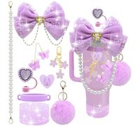 9 PCS Stanley Cup Accessories Set for 40/30/20 oz Tumbler, Bling Stanley Accessories Including Bow Straw Topper, Heart Straw Cover, Pearl Water Bottle Handle Strap, Pom-Pom, Keychain, Purple