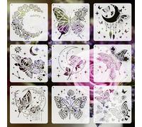 9 Pcs Stencil Set Butterfly Rose 20x20 cm Stencils for Wall Art Textile Design Furniture Decoration Kids Crafts DIY on Wood Fabric Paper Scrapbooking Decorative Templates