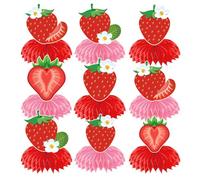 9 PCS Strawberry Honeycomb Decorations Strawberry Table Centerpieces Strawberry Party Decorations Strawberry Cake Decorations - Themed Birthday Supplies, Baby Shower Supplies