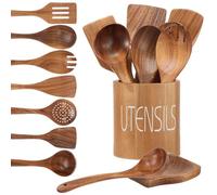 9 Pcs Teak Wooden Spoons for Cooking - Natural Wood Kitchen Utensils Set with Holder & Spoon Rest - Non-Stick, Heat Resistant, Wooden Spatulas & Spoons for Nonstick Cookware
