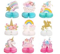 9 Pcs Unicorn Birthday Decorations, Unicorn Party Decor Set with 360° Honeycomb Base, Colorful Table Decorations for Girls Birthday Party, Baby Shower, Kids Room Decor (Pink)