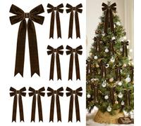 9 Pcs Velvet Christmas Bows Set - 5.9"x11.81" Large Tree Topper Bow and 4.33"x8.66" Vintage Bowknot for Xmas Tree,Gift Wrapping,Garland,Wreath,Fireplace,Staircase, Wedding, Home Decor (Brown)