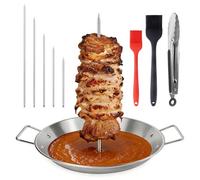 9 PCS Vertical Kebab Skewer Stand Set, 10 inch Stainless Steel Barbecue Gyro Spits Pan with 5 Grill Rack Spikes (6"/8"/10"/12"/14") 2 Brushes 1 Tongs, Vertical Barbecue Meat Skewer for Grill