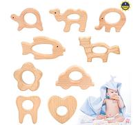 9 PCS Wooden Baby Teether Wooden Teething Ring Natural Wooden Animal Teethers Toys Montessori Style Pain Relief Teething Wooden Teether for Baby DIY Pendant Decorations (9 Shapes)