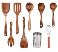 9 Pcs Wooden Spoons for Cooking, Teak Kitchen Utensils Spatula, Wooden Cooking Utensils Spoons, with Spoon Rest, Strainer Spoon, Pasta server, Fried Spatula and Salad Fork, blender Mixer