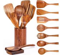 9 PCS Wooden Spoons for Cooking, Wooden Utensils for Cooking with Utensils Holder, Teak Wooden Kitchen Utensils Set